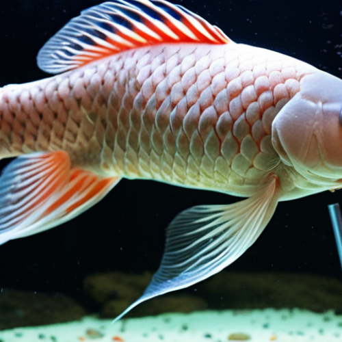 Home 7 A close-up shot inside a home aquarium, showing an Arowana fish appearing listless and pale, with stressed fins. The water might look slightly murky, and a thermometer in the background shows an out-of-range temperature. The overall mood conveys anxiety and the negative impact of unstable water conditions, with a subtle hint of a tropical Malaysian setting.