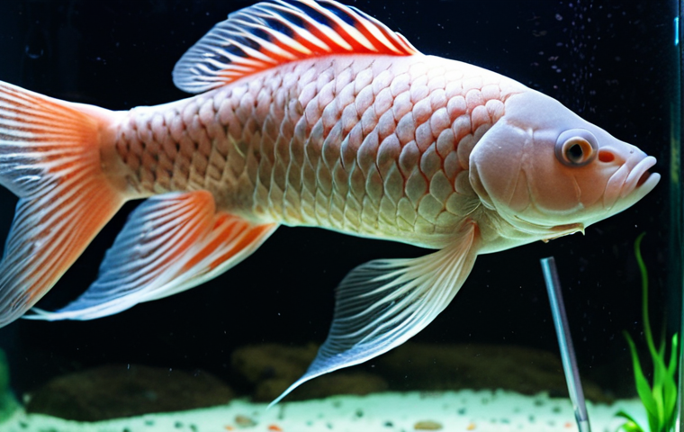 A close-up shot inside a home aquarium, showing an Arowana fish appearing listless and pale, with stressed fins. The water might look slightly murky, and a thermometer in the background shows an out-of-range temperature. The overall mood conveys anxiety and the negative impact of unstable water conditions, with a subtle hint of a tropical Malaysian setting.