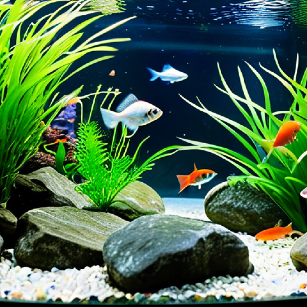 **

A brightly lit, well-maintained freshwater aquarium in a Malaysian home.  Various colorful small fish (guppies, tetras) swim amongst lush green aquatic plants and smooth river rocks.  The water is crystal clear.  Focus on the vibrant colors and peaceful atmosphere. fully clothed, appropriate content, safe for work, professional, modest, family-friendly, perfect anatomy, natural proportions, professional photography, high quality.

**