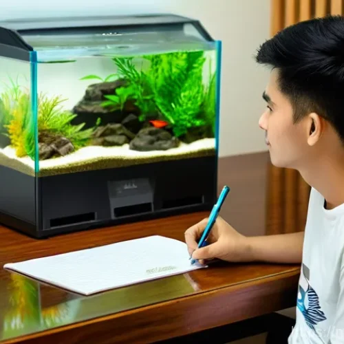 Home 27 수족관 운영 비용 - **Prompt: Aquarium Budgeting in a Malaysian Home**
"A candid, brightly lit shot of a young Malay...