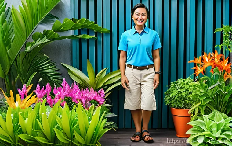 자동 급수 시스템 - **Prompt:** A cheerful Malaysian adult, dressed in modest, casual attire (like a t-shirt and long sh...