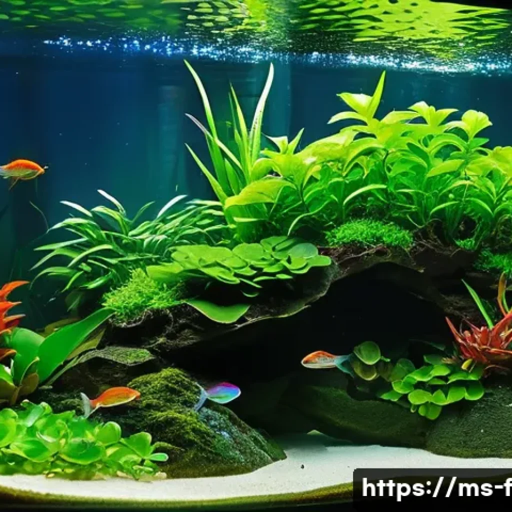 수초와 조명 궁합 - **Prompt:** A breathtaking, thriving freshwater aquascape, meticulously designed with a harmonious b...