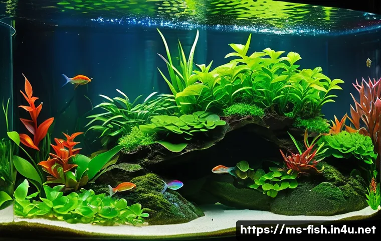 수초와 조명 궁합 - **Prompt:** A breathtaking, thriving freshwater aquascape, meticulously designed with a harmonious b...
